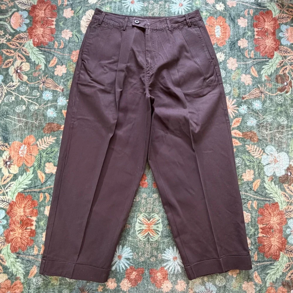 Free People Plum Brown Pleated Wide Leg Cotton Trousers Cuffed Size 12 OB1703806